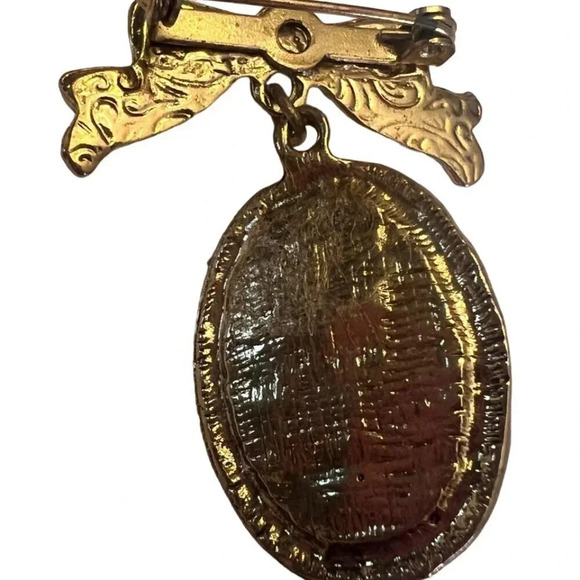 Vintage 60s-70s Bow Faux Pearl Cabochon Locket Brooch Pin Gold Tone - Picture 3 of 3